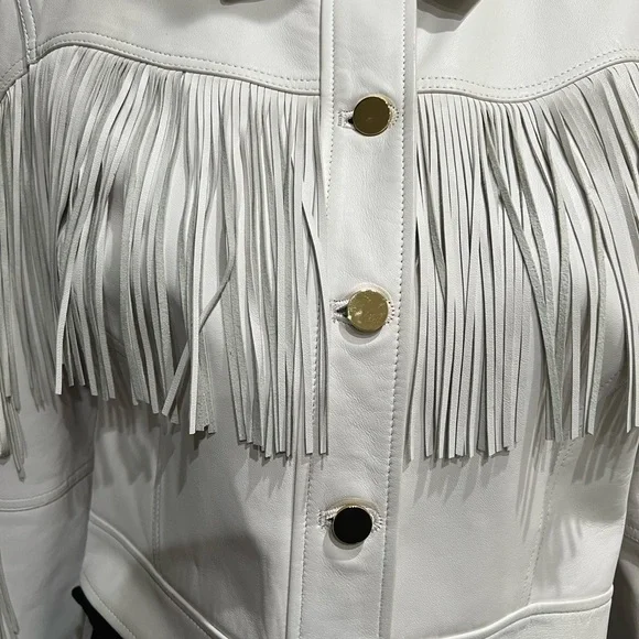 Brand new Diane Von Furstenberg fitted fringe leather jacket in white.Size M - Picture 6 of 8
